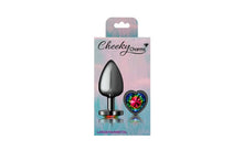 Load image into Gallery viewer, Cheeky Charms Gunmetal Butt Plug w Heart Rainbow Jewel Small.