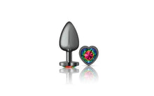 Load image into Gallery viewer, Cheeky Charms Gunmetal Butt Plug w Heart Rainbow Jewel Small.