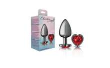 Load image into Gallery viewer, Cheeky Charms Gunmetal Butt Plug w Heart Red Jewel Large.