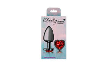 Load image into Gallery viewer, Cheeky Charms Gunmetal Butt Plug w Heart Red Jewel Large.