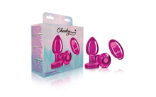 Load image into Gallery viewer, Cheeky Charms Pink Rechargeable Vibrating Metal Butt Plug w Remote Medium.
