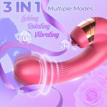 Load image into Gallery viewer, A 3 in 1 woman's vibrator wrapped in ribbon and blowing bubbles.