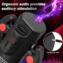 Load image into Gallery viewer, A black male masturbator with 9 unique thrusting modes and 9 suction modes and an LCD screen on a red and black background.