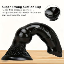 Load image into Gallery viewer, A large black dog dildo stuck to a timber bench top.