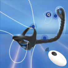 Load image into Gallery viewer, A black silicone remote controlled cock ring and anal prostate massager on an electric blue background.