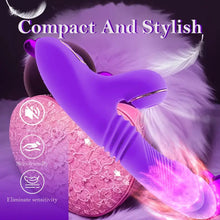 Load image into Gallery viewer, A thrusting clit sucking vibrator sex toy on a pink lace pillow.