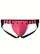 Load image into Gallery viewer, A pink studded low waist thong on a white background.
