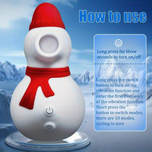 Load image into Gallery viewer, A white snowman sucking vibrator wearing a red hat and scarf sitting at the bottom of the snow covered mountains.