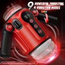 Load image into Gallery viewer, A red 9 thrusting mode and 9 vibration mode male masturbator with handles on a black background.