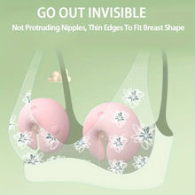 Load image into Gallery viewer, Two pink nipple vibrators attached around a woman's nipple with a green background.