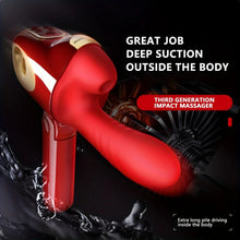 Load image into Gallery viewer, A fiery red vibrator with a suction stand  splashed with water on a black background.
