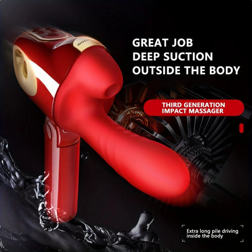 A fiery red vibrator with a suction stand  splashed with water on a black background.