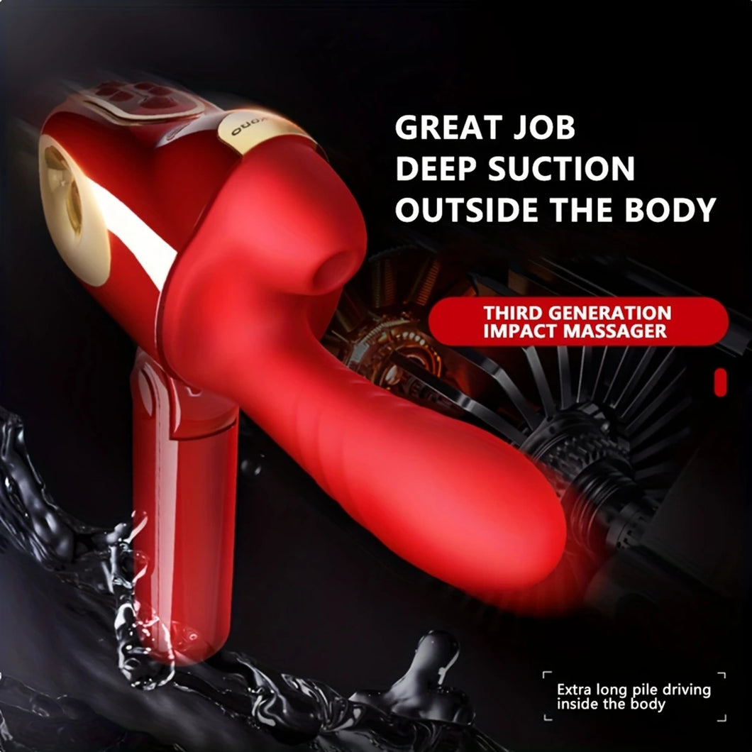 A fiery red vibrator with a suction stand  splashed with water on a black background.