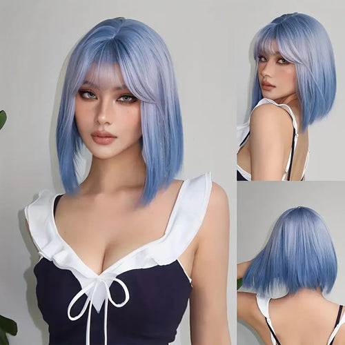 35.56 Cm Short Bobo Blue Ombre Wig with Bangs.