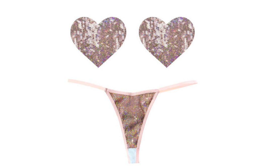 Bubbly Feels Nude Sequin Pantie and Heart Pastie Set.
