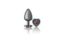 Load image into Gallery viewer, Cheeky Charms Gunmetal Butt Plug w Heart Rainbow Jewel Large.
