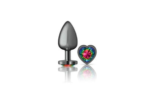 Cheeky Charms Gunmetal Butt Plug w Heart Rainbow Jewel Large.