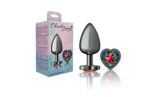 Load image into Gallery viewer, Cheeky Charms Gunmetal Butt Plug w Heart Rainbow Jewel Large.
