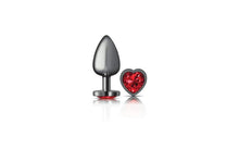 Load image into Gallery viewer, Cheeky Charms Gunmetal Butt Plug w Heart Red Jewel Large.
