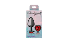 Load image into Gallery viewer, Cheeky Charms Gunmetal Butt Plug w Heart Red Jewel Large.
