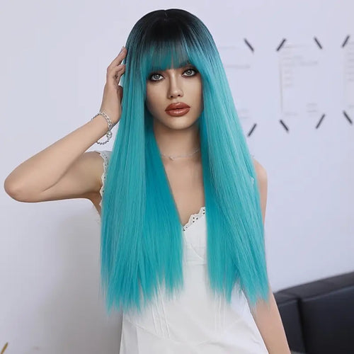 Hot Gradient Blue Wig with Dark Roots.