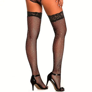 Rhinestone Thigh High Fishnet Stockings.