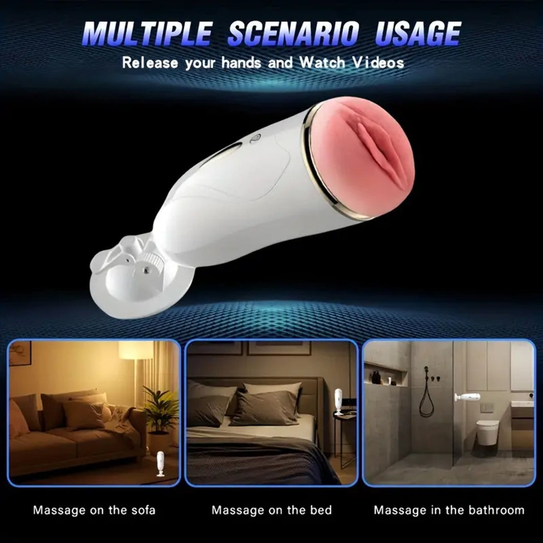 A white hands free male masturbator cup  suctioned to a grey slate tiled bathroom wall.