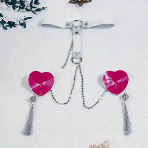 Sequin Heart Nipple Tassel, Choker & Chain.