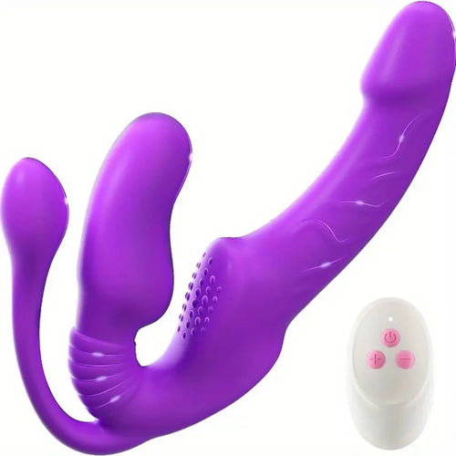 A triple head 10 vibration mode vibrator next to the remote control.