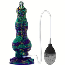 Load image into Gallery viewer, A large blue and green ombre dog penis dildo with a hand pump for ejaculation on a white background.
