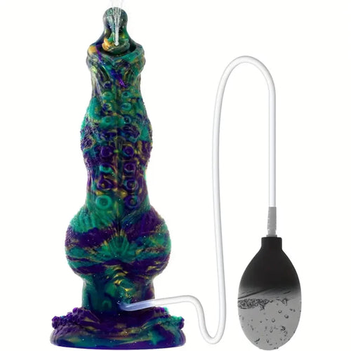 A large blue and green ombre dog penis dildo with a hand pump for ejaculation on a white background.