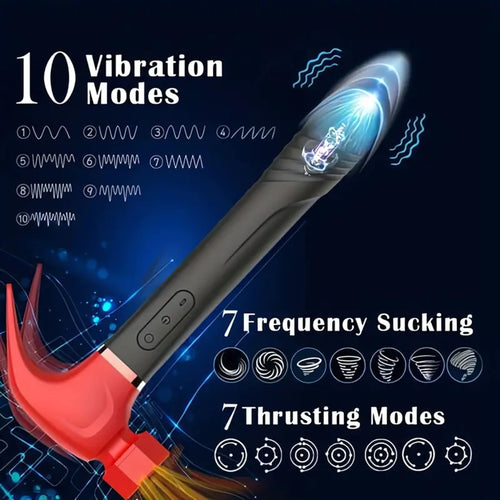 A 7 sucking 7 thrusting modes  vibrator in the shape of a tradie's claw hammer breaking glass.