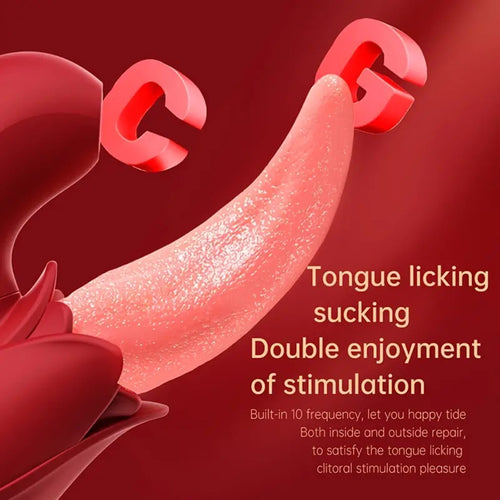 A red rose vibrator with a flesh colored lick tongue and clitoris sucker  on a red ombre background.
