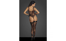 Load image into Gallery viewer, Noir Black Tulle Bodysuit w Patterned Flock Embroidery. - Beautiful Stranger 2020
